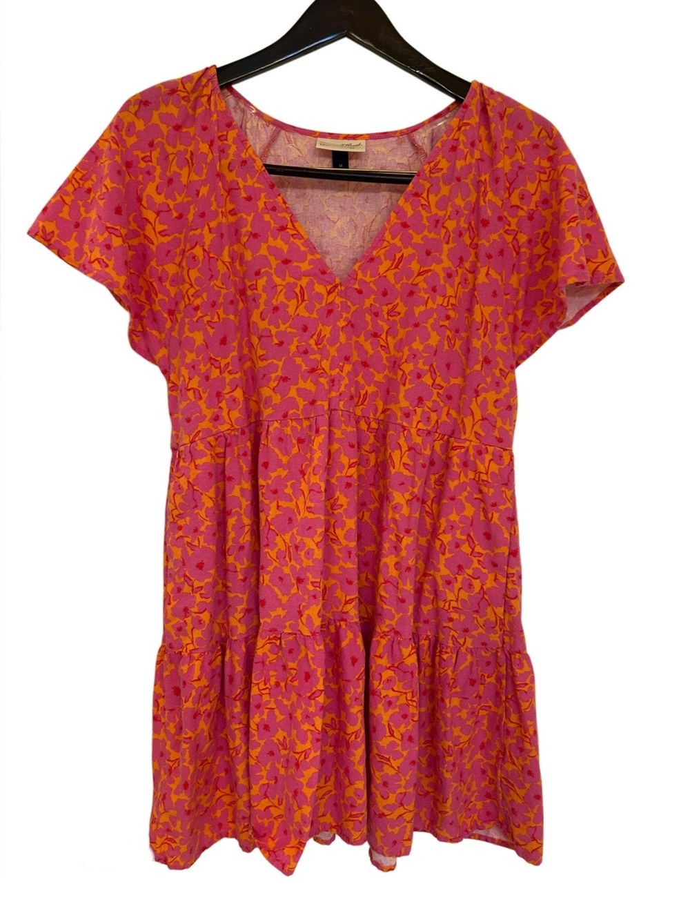 Universal Thread Linen Blend Pink & Orange Floral Tiered Summer Dress Pockets M
